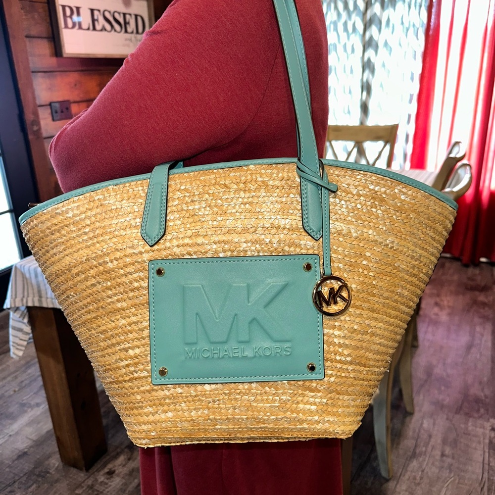 Michael Kors Tan and Green Tote Bag with Leather Trim
